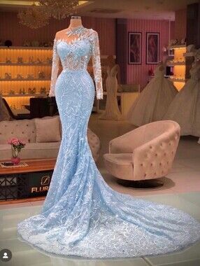 Ice Blue Evening Gown with Train